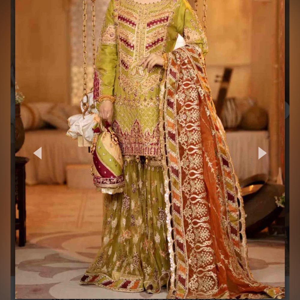 Aroosh Medium Green and Orange Embroidered bridal Dress